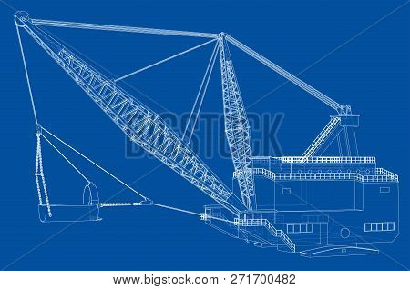 Dragline Walking Excavator. 3d Illustration. Wire-frame Style