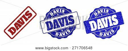 Davis Scratched Stamp Seals In Red And Blue Colors. Vector Davis Labels With Grainy Effect. Graphic 