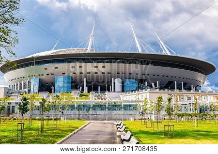 Saint Petersburg, Russia - August 8, 2018: Saint Petersburg Arena Football Stadium On Krestovsky Isl