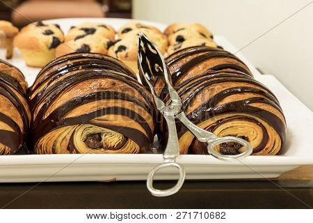Flakey Chocolate Croissant Grouped On A Plate In A Bakery Fresh From The Oven With Homemade Chocolat