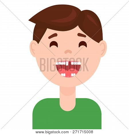 Toothless Child Smiling And Showing Milk Tooth And Permanent Teeth In Eruption