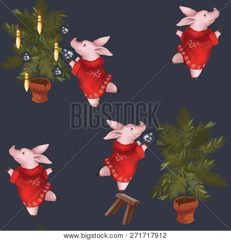 Seamless Pattern. Pig Symbol Of The Year 2019 Decorates The Christmas Tree. New Year On Blue Backgro