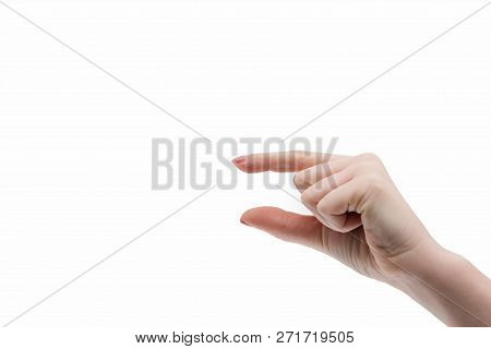 Female Fingers Shows Something Very Tiny Or Small. Teeny Tiny. Gesture. Small Size Icon. Penis Size.