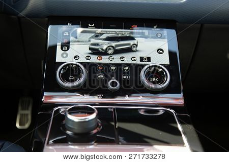 Moscow. Autumn 2018. Interior Of The Land Rover Range Rover Velar In Black Color Compact Luxury Cros
