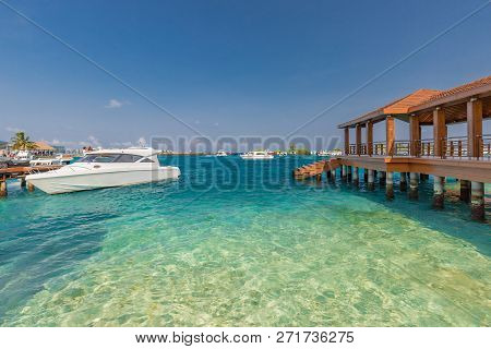 Hulhule Island, Maldives - November 18, 2017: Speed Boat At The Hulhule Port Near Ibrahim Nasir Inte
