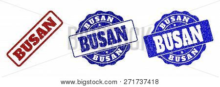 Busan Grunge Stamp Seals In Red And Blue Colors. Vector Busan Labels With Grunge Style. Graphic Elem