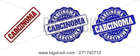 Carcinoma Scratched Stamp Seals In Red And Blue Colors. Vector Carcinoma Labels With Grunge Effect. 