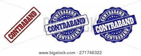 Contraband Grunge Stamp Seals In Red And Blue Colors. Vector Contraband Imprints With Distress Surfa