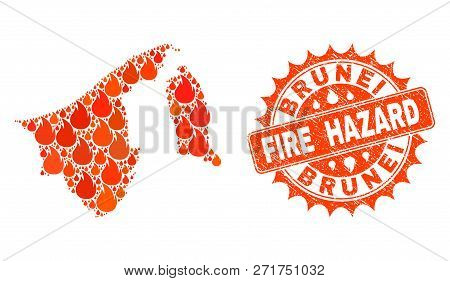 Fire Hazard Collage Of Map Of Brunei Burning And Rubber Stamp Seal. Map Of Brunei Vector Collage Des