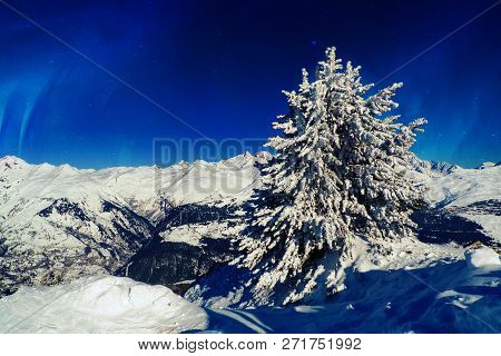 Beautiful Snow-covered Christmas Tree On Top Of The French Alps Against The Backdrop Of Rocky Mounta