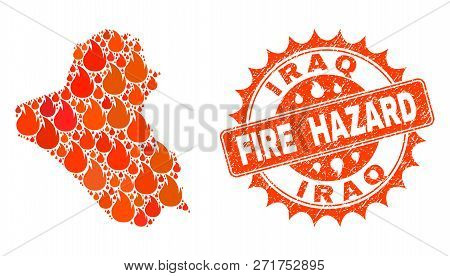 Fire Hazard Collage Of Map Of Iraq Burning And Corroded Stamp Seal. Map Of Iraq Vector Collage Desig