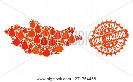 Fire Hazard Collage Of Map Of Mongolia Burning And Corroded Stamp Seal. Map Of Mongolia Vector Colla