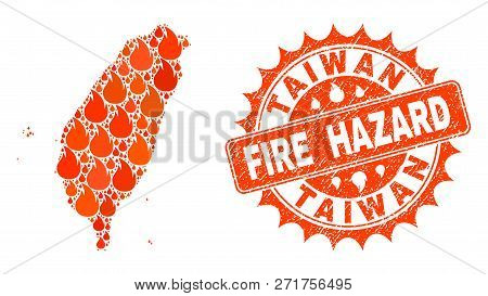 Fire Hazard Collage Of Map Of Taiwan Burning And Scratched Seal. Map Of Taiwan Vector Collage Create