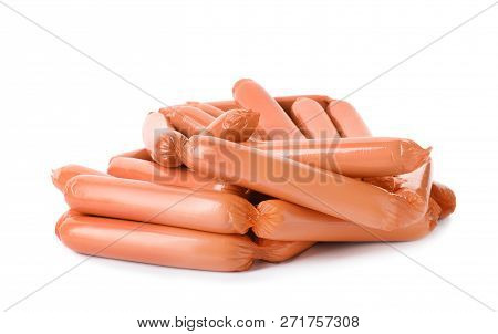 Encased Sausages On White Background. Meat Product