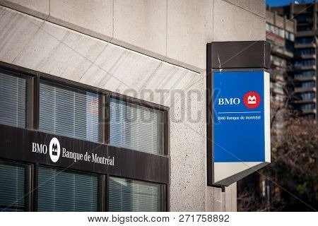 Montreal, Canada - November 4, 2018: Bank Of Montreal Logo, Known As Bmo, In Front Of One Of Their B