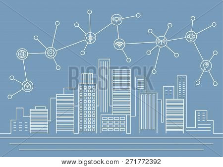 Vector City Line Illustration On Blue Background With Icons