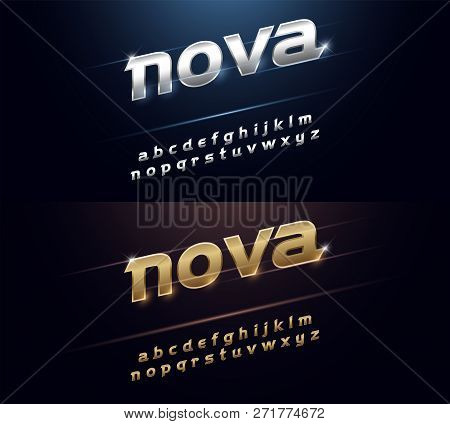 Metal Font Elegant Silver And Golden Chrome Alphabet. Typography Technoly, Sport, Gamer Modern Gold 