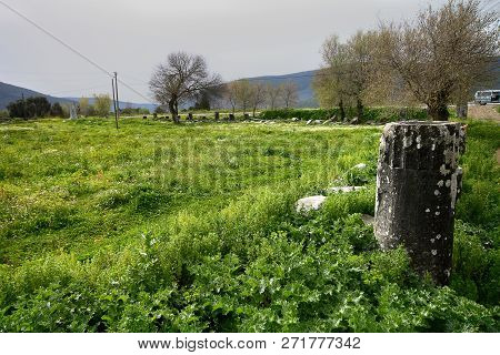 Ruined Walls Of Castle Over The Lake Bafa In A Nature Reserve Situated In Southwestern Turkey