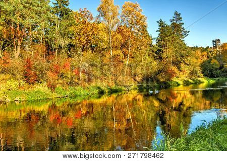 Park And Rivertrees On The River In The Autumn In The Autumn At Anyksciai