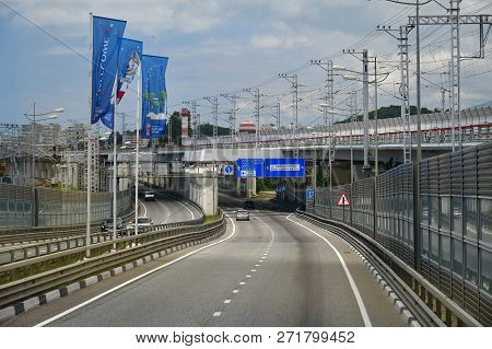 Sochi, Russia - June 2 2018. Road A-147 With A Road Sign Direction To The Airport And The Center Of 