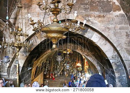 Jerusalem, Israel - September 20, 2017: Lamps In Church Of The Sepulchre Of Saint Mary Also Tomb Of 