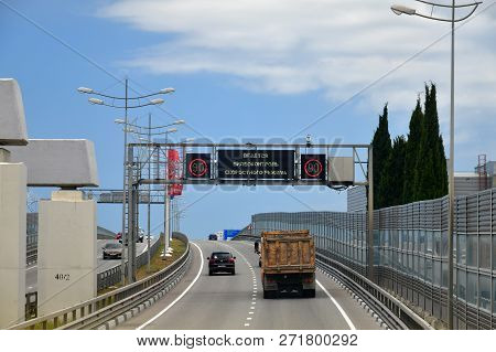 Sochi, Russia - June 2 2018. Speed Control Is Being Conducted - Information Board On The A-147 Highw
