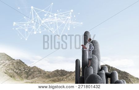 Young Female Doctor With Folder In Hands Satnding On Stone Column. 3d Rendering