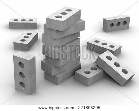 Silicate Bricks. A Few Silicate Bricks Bricks Randomly Lie On A White Surface. Isolated. 3d Illustra