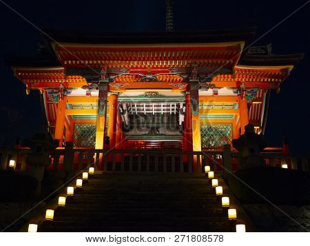 Kiyomizu-dera , Red Autumn Leaves Autumn Light Up At Night, Red Pagoda Kyoto, Japan