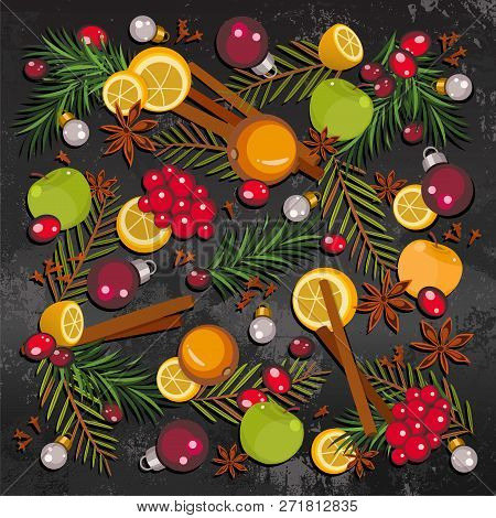 Happy New Year And Merry Christmas Background For Greeting Card With Colorful Fruits, Berries, Spece
