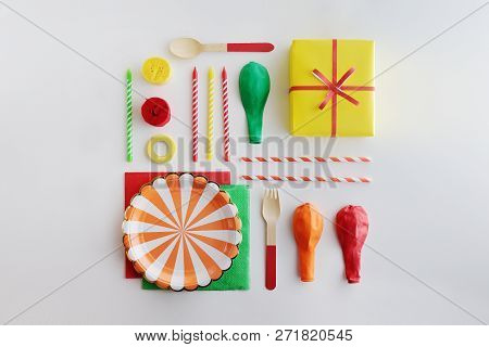 Festive Bright Decor For Birthday On A White Background. Top View. Celebration Concept. Apportion