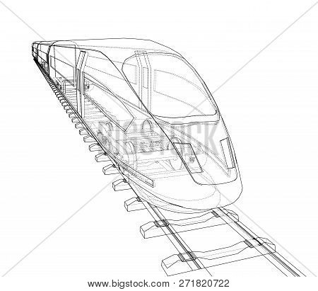 Modern Speed Train Concept. 3d Illustration. Wire-frame Style