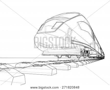 Modern Speed Train Concept. 3d Illustration. Wire-frame Style