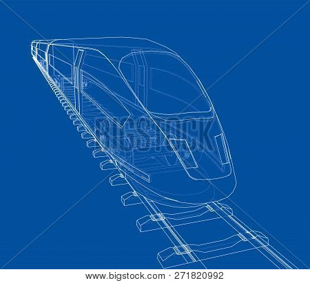 Modern Speed Train Concept. 3d Illustration. Wire-frame Style