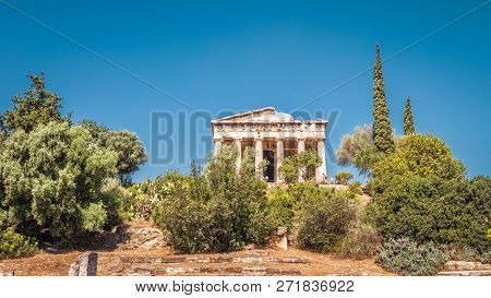Temple Of Hephaestus In The Agora, Athens, Greece. It Is One Of The Main Landmarks Of Athens. Scenic
