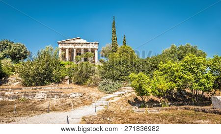Temple Of Hephaestus In The Agora, Athens, Greece. It Is One Of The Main Landmarks Of Athens. Scenic