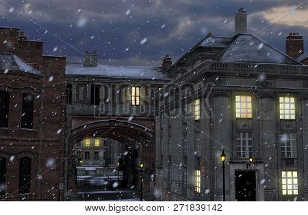 3d Render Of A Winter Street Scene At Night With 19th Century City Buildings