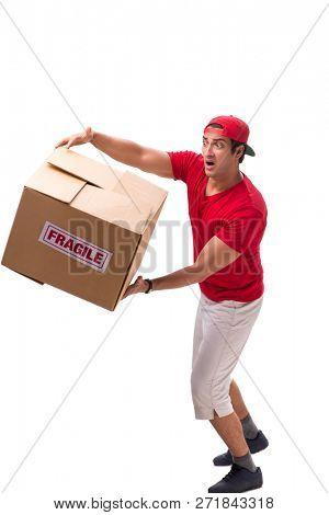 Handsome contractor holding fragile box isolated on white 