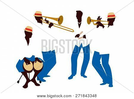 Latin Band Four Latin Musicians Playing Bongos, Trumpet, Claves And Trombone.