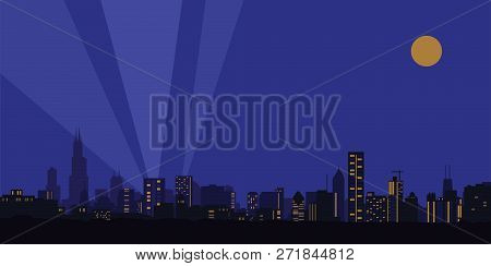 Vector Illustration. Night City, Houses, High-rise Buildings