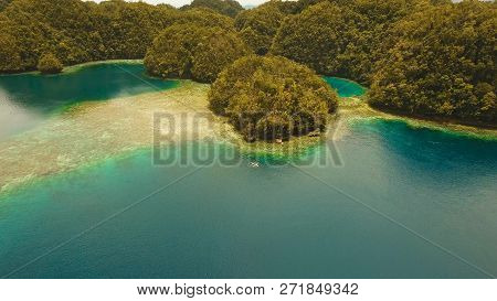 Aerial View: Bucas Grande Island, Sohoton Cove. Philippines. Tropical Sea Bay And Lagoon, Beach. Tro