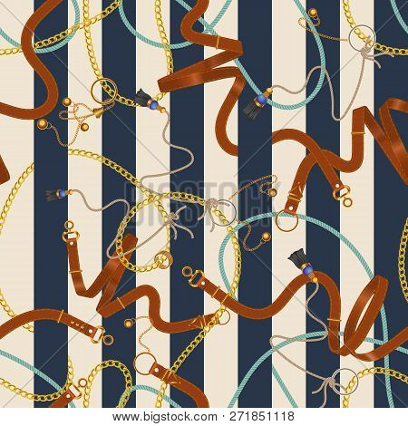 Seamless Striped Pattern With Chains And Belts. Vector Patch For Fabric, Scarf.
