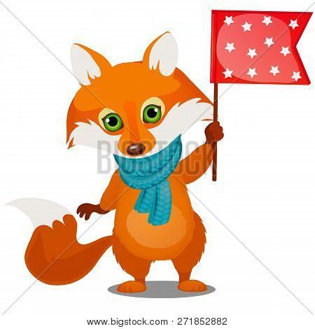 Cute Animated Fox In Winter Knitted Scarf Holding A Flag Isolated On A White Background. Sketch Of C
