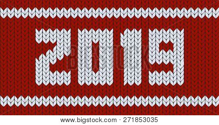Norvegian Traditional Knit Sweater With 2019 Text . Red Christmas And New Year Background Template. 
