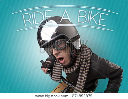 Kooky young guy on a bike with cyclist keywording and streaky background
