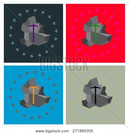 Pickaxe Breaking Mountain Linear Icon. Mining. Navvy Pick. Contour Symbol. Editable Stroke