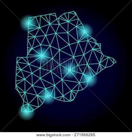 Glossy Polygonal Mesh Map Of Botswana With Glare Effect. Abstract Mesh Lines, Triangles, Light Spots