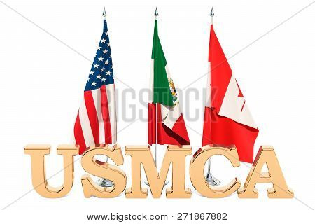 Flags Of The United States, Mexico And Canada, Usmca Agreement Concept. 3d Rendering
