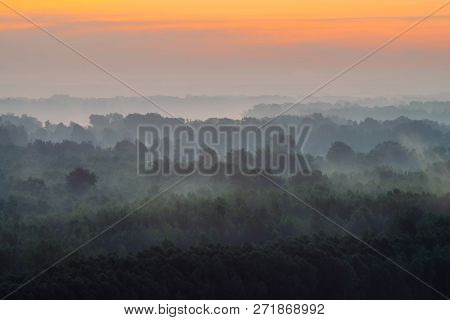 Mystical View From Top On Forest Under Haze At Early Morning. Mist Among Layers From Tree Silhouette
