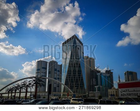 Sharjah City Famous Towers And Bridge, On A Cloudy Day - Sharjah, Uae - November 21, 2018
